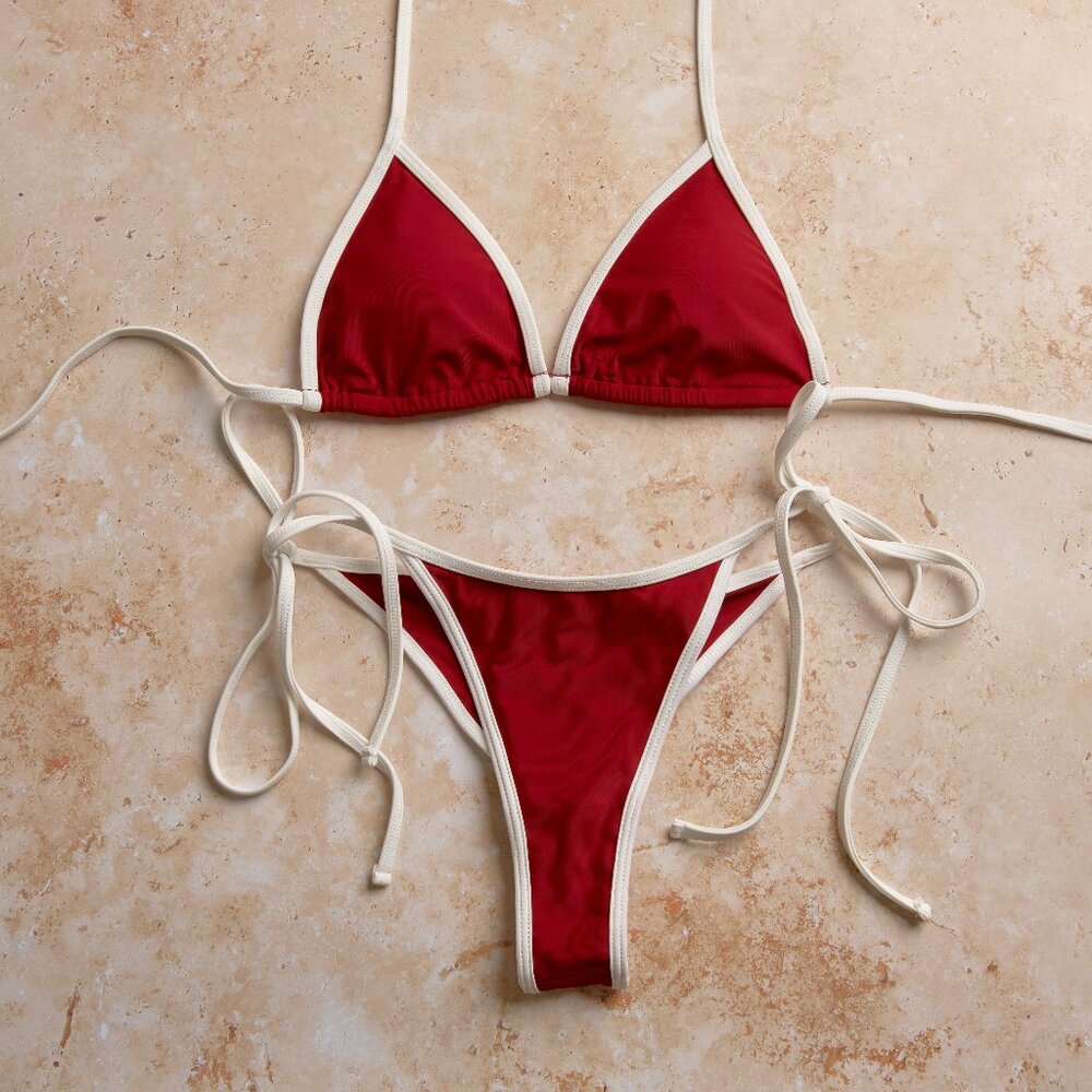 Red Contrast-Trim Triangle Bikini Set